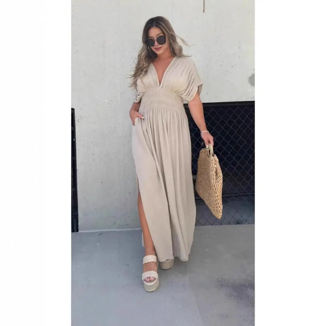 Slimming Slit Dr New Collar Elastic Waist Casual Polyester Batwing Sve High Waist Slim Fit Dr for Busin And Leisure