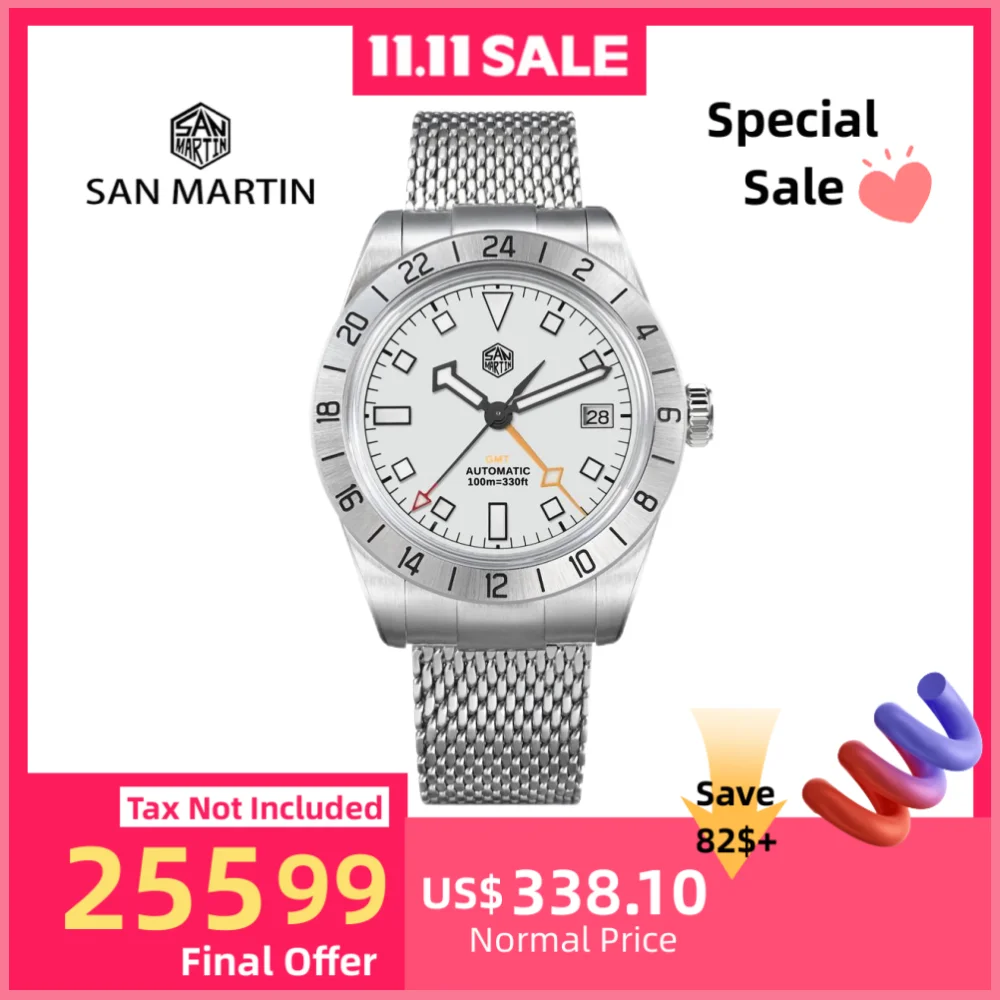 

San Martin 39 мм NH34 GMT Автоматические часы Роскошные наручные часы Сетчатый браслет Быстросъемная застежка 100 м Водонепроницаемый сапфир SN0135