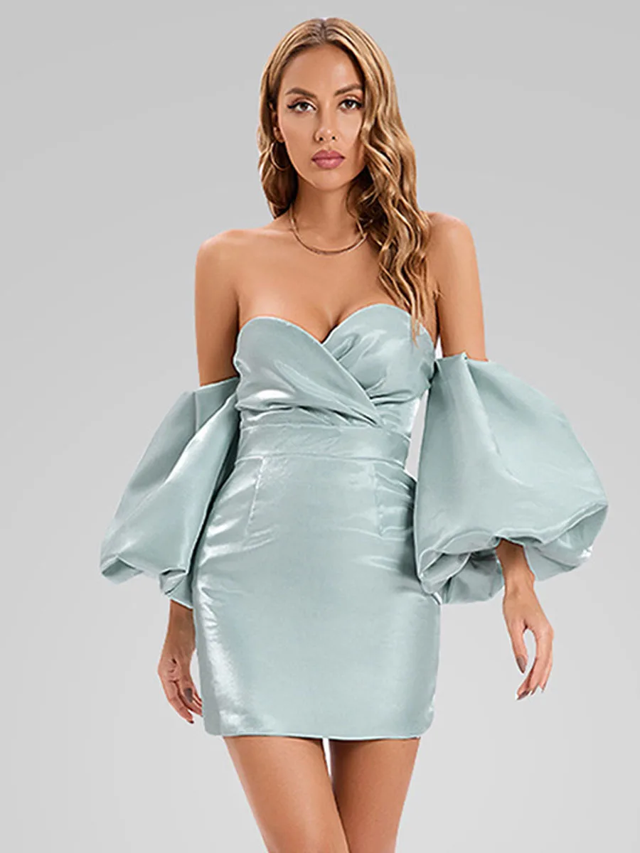 

Сексуальное короткое платье на одно плечо с рукавами-фонариками и высокой талией для вечеринок и торжественных мероприятий. Женская модная одежда с высокой талией.