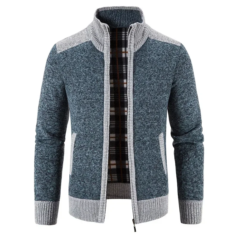 

Thickened Autumn Winter Men's Knitted Sweater Cardigan Stand Collar Patchwork Korean Style Casual Winter Outerwear Coat