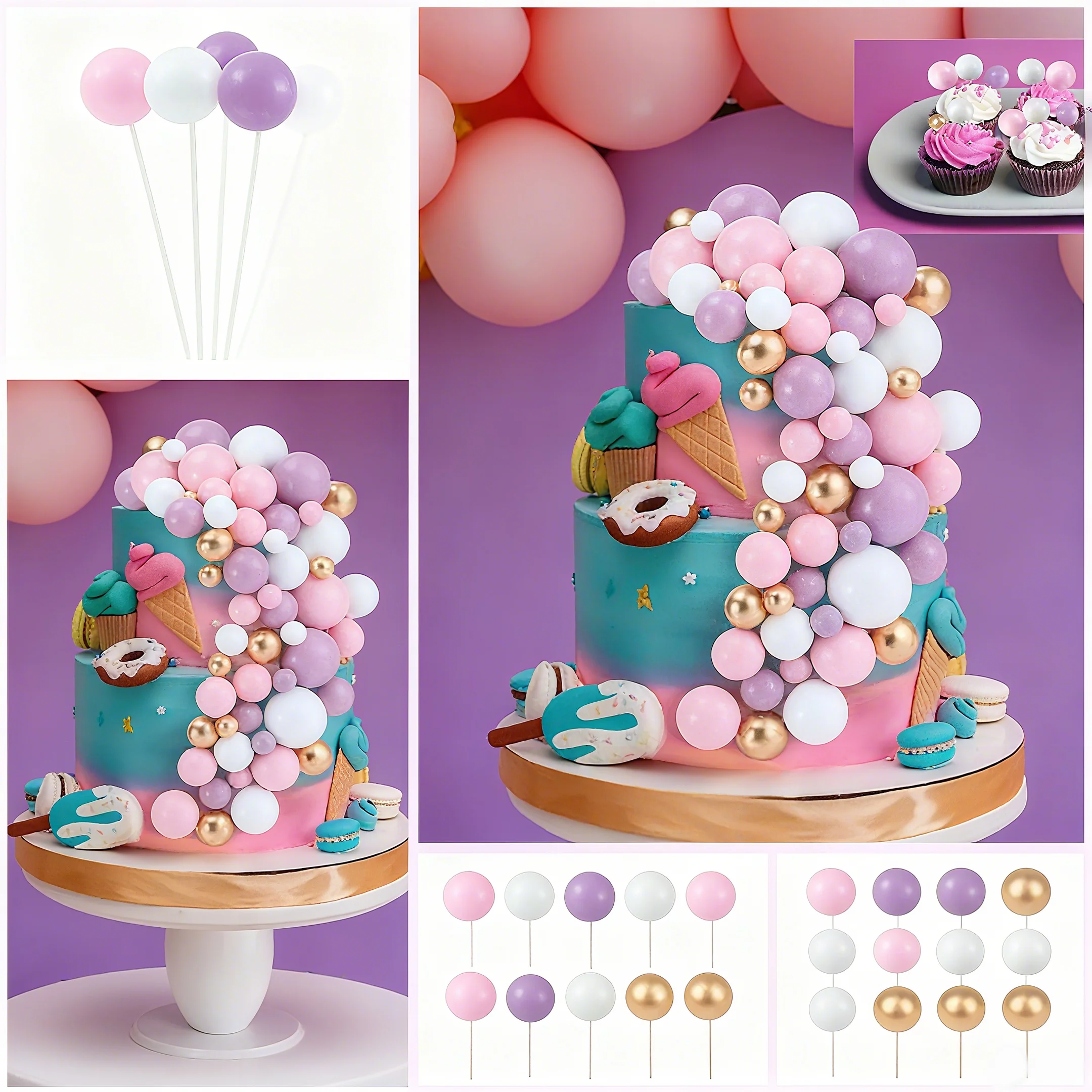 20Pcs Cake Gold Silver Ball Happy Birthday Cake Topper DIY Cupcake Flag Wedding Christmas Ball Decor Baby Birthday Decoration