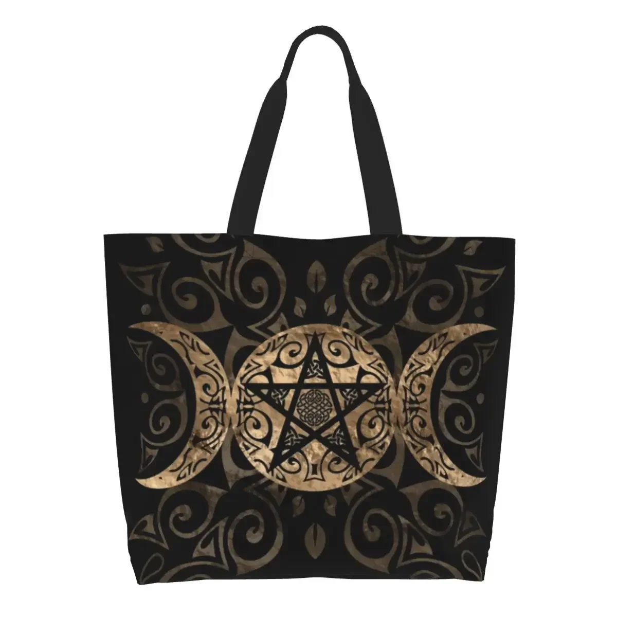 Fashion Triple Moon Goddess Pentagram Shopping Tote Bags Recycling Pagan Wiccan Canvas Grocery Shoulder Shopper Bag