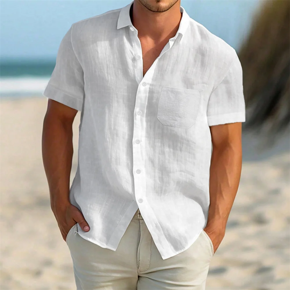 

Summer Men's Shirts Solid Color Casual Loose Fit Lapel Collar Top Cotton Linen Breathable Lightweight Vacation Beach Style Shirt
