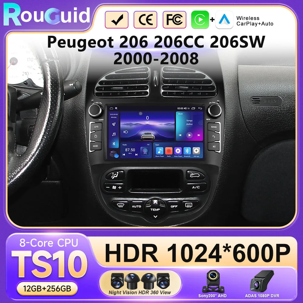 

7-дюймовая автомобильная магнитола на Android 16 для Peugeot 206, 206CC, 206SW (2000-2008), автомобильная стереосистема с Bluetooth 5.0, Wi-Fi, GPS-навигацией, беспроводным CarPlay и DVD.