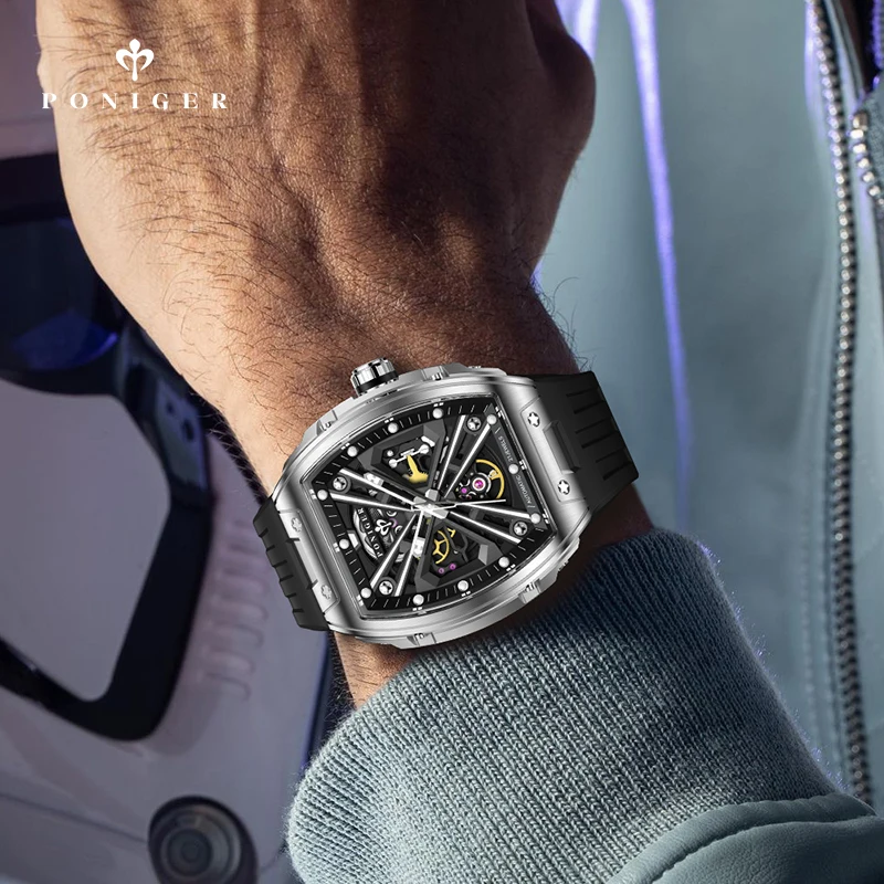 Nueva marca suiza de lujo PONIGER, relojes mecánicos automáticos para hombre, reloj con correa de goma luminosa con esqueleto resistente al agua hasta 50M P617