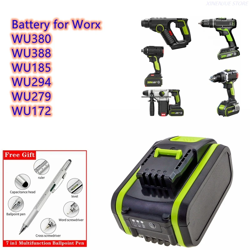 Power Tools Battery 20V/4000mAh WA3593, WA3595, WA3596, WA3401 for Worx WU380, WU388, WU185, WU294, WU279, WU172