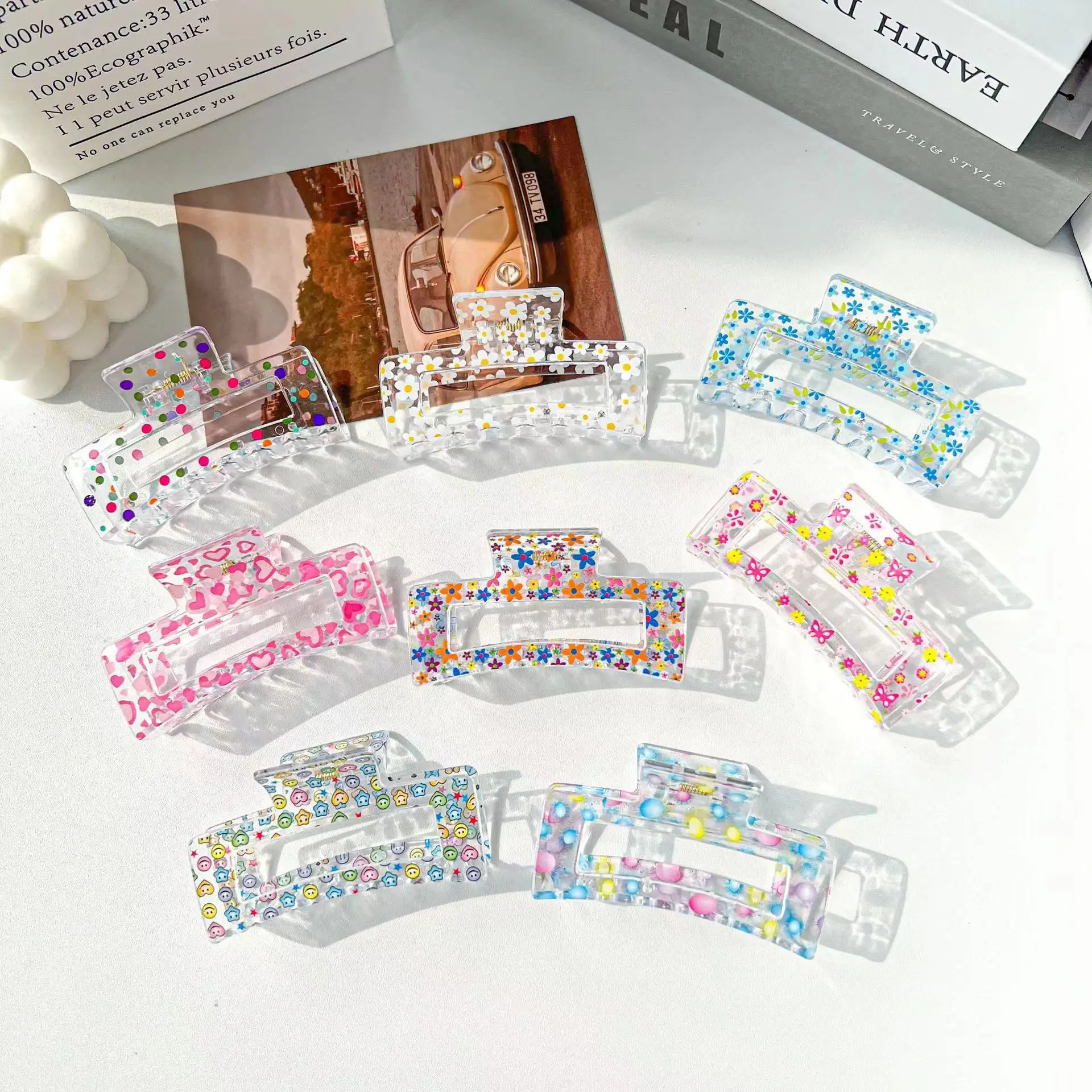 

Summer small fresh transparent print fruit floral shark clip plate hair back of the head square grab clip ornament