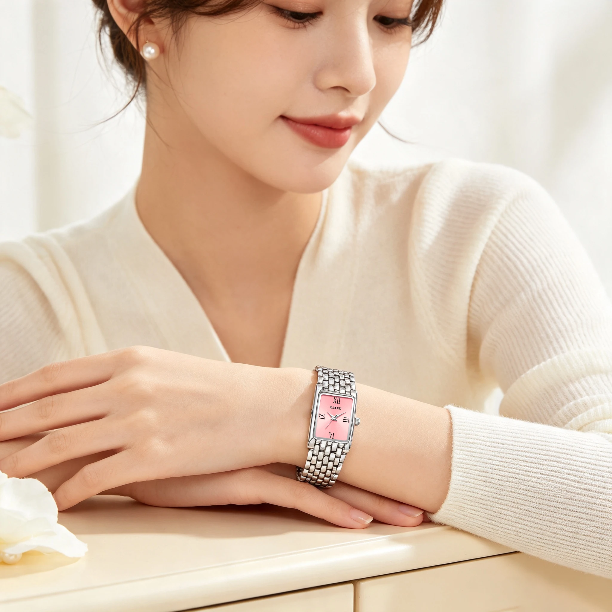 2026 LIGE New Design Ladies Watch Fashion Quartz Wristwatch Silver Simple Square Women Watches Luxury Stainless Steel Folding