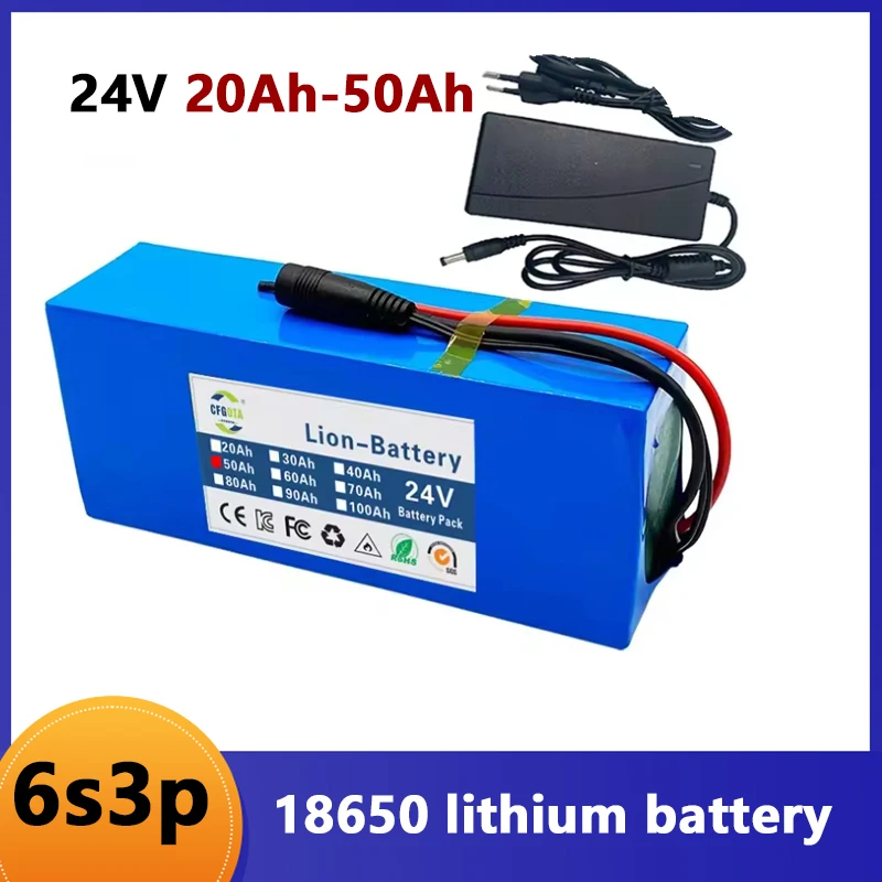 2026 NEW 6s3p 24V 20Ah-50Ah 18650 lithium battery 24V 50000mAh lithium-ion battery pack+charger
