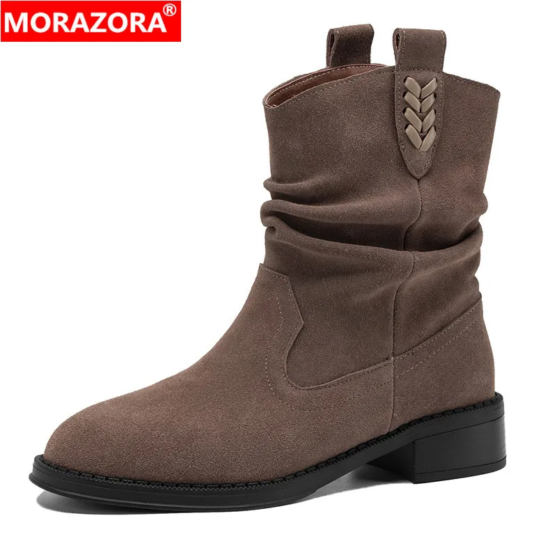 MORAZORA Size 34-42 Cow Suede Leather Western Boots Women Pull On Auumn Winter Ankle Boots Handmade Retro Shoes