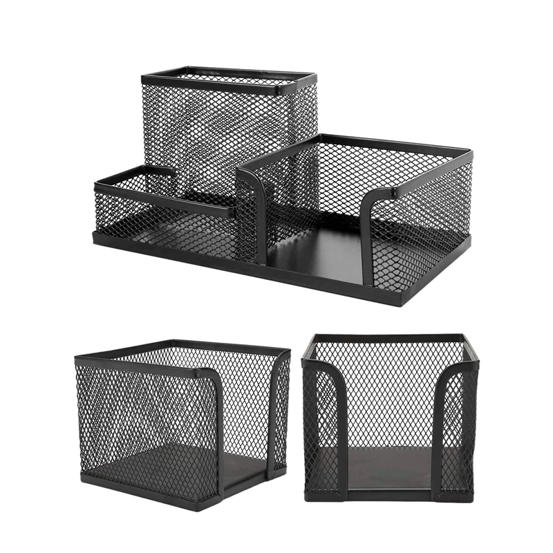 3 Pack Mesh Desk Organizer, Metal Mesh Sticky Notes Holder Pencil Holder Card Case Memo Dispenser Office Supplies Caddy