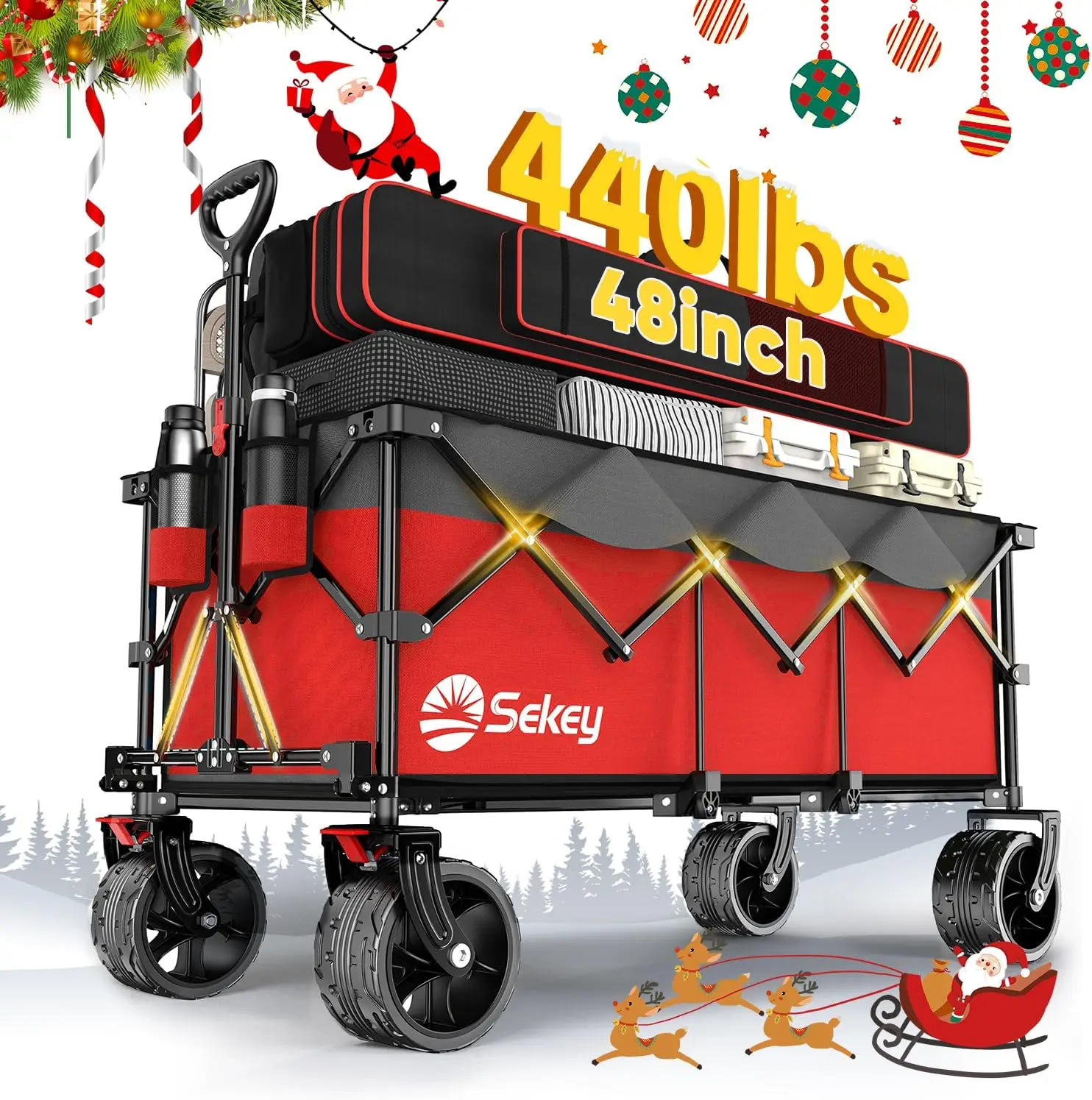 

48''L Collapsible Foldable Extended Wagon with 440lbs Weight Capacity Heavy Duty 300L Folding Utility Garden Cart with Big All T