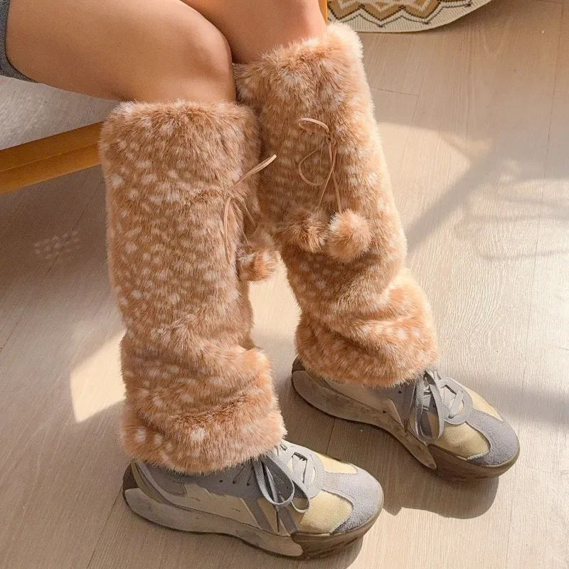 حار الفتيات فو الفراء أفخم الرنة تدفئة الساق النساء عيد الميلاد الدافئة Kawaii فروي الأحذية الجوارب غطاء الساق زي أحذية عالية الجوارب
