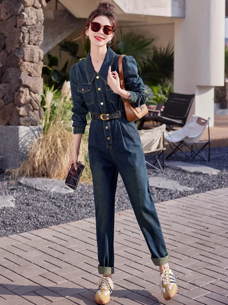 

Ele Denim Overalls Set Women's Spring Autumn New High Waist Slimming Workwear Rer Cotton Blend Long Pants