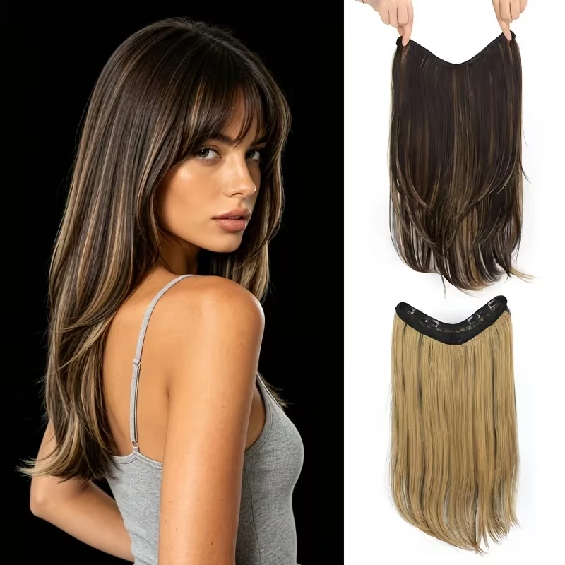 22Inch Synthetic V-Shaped Long Layered Straight Hair Extensions Invisible Increase Volume Fashion Lazy Hairstyle for Women