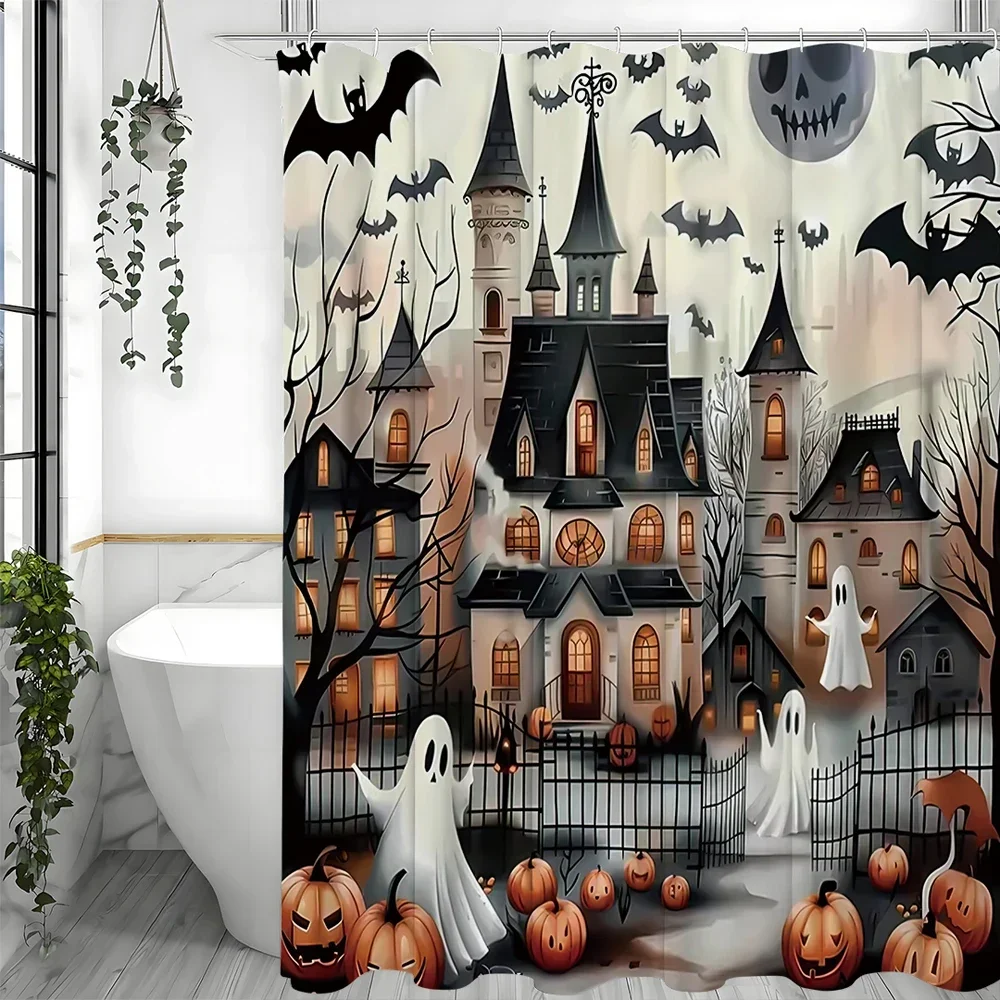 

Halloween Castle Scary Ghost Pumpkin Bat Shower Curtain, Bathroom Decorative Shower Curtain, Waterproof Shower Curtain with Hook