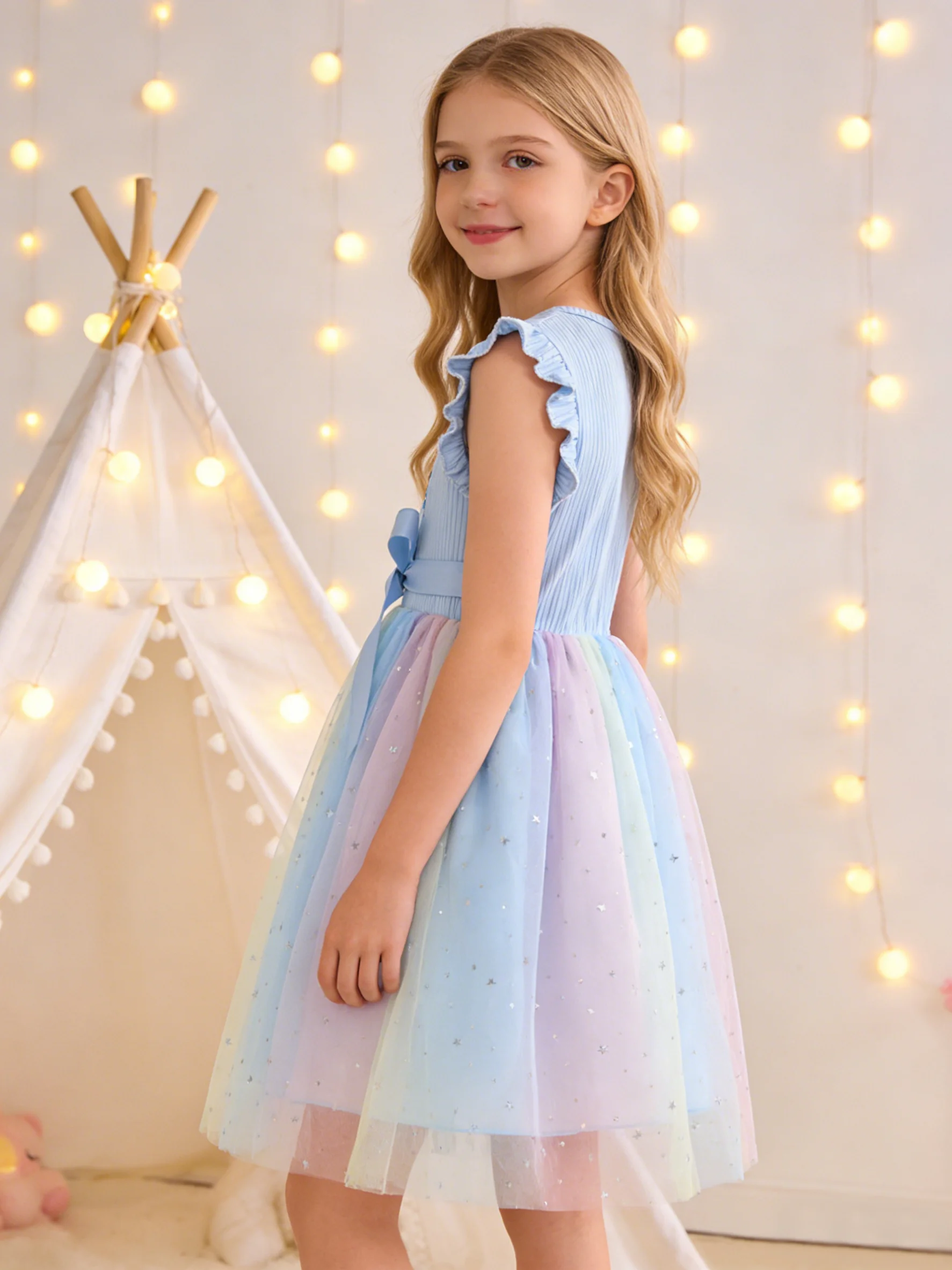 Girls Ins Style Dress, Ribbed Flutter Sleeve Top + Gradient Starry Mesh Skirt