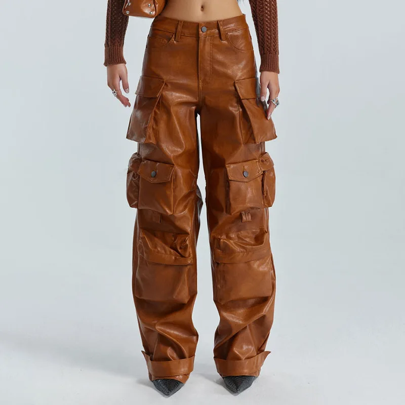 

PU Leather Women Baggy Cargo Pants with Big Pockets 2023 Fall Winter New Popular Solid High Waist Zipper Fly Wide Leg Trousers