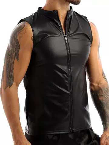 New Men Shiny Faux PU Leather Tank Top Sleeveless T Shirt Wet Look PVC Tshirt Tights Sexy Bodybuilding Hot Shapers Muscle Tops