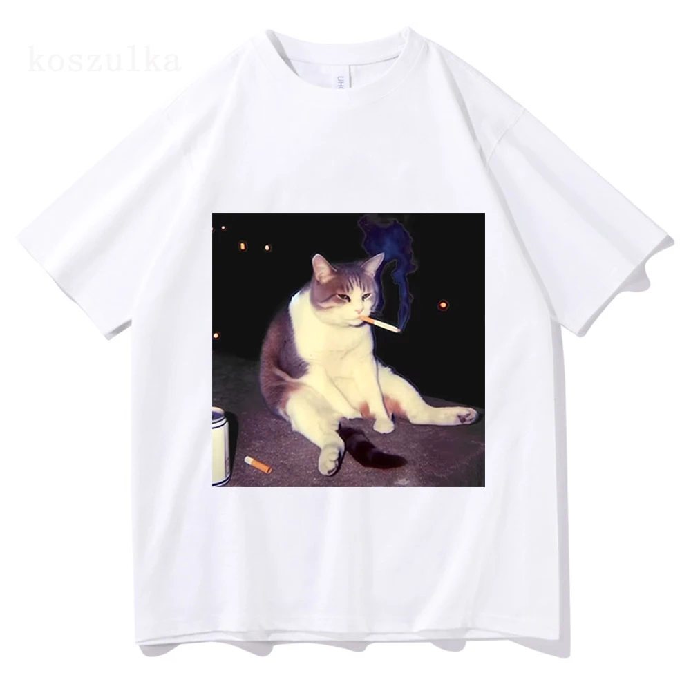 Vintage Cigarette Kitten Funny Smoking Cat Meme Stupid Brainrot Graphic T-Shirt Men Women Fashion T-shirts Cotton Casual Tees
