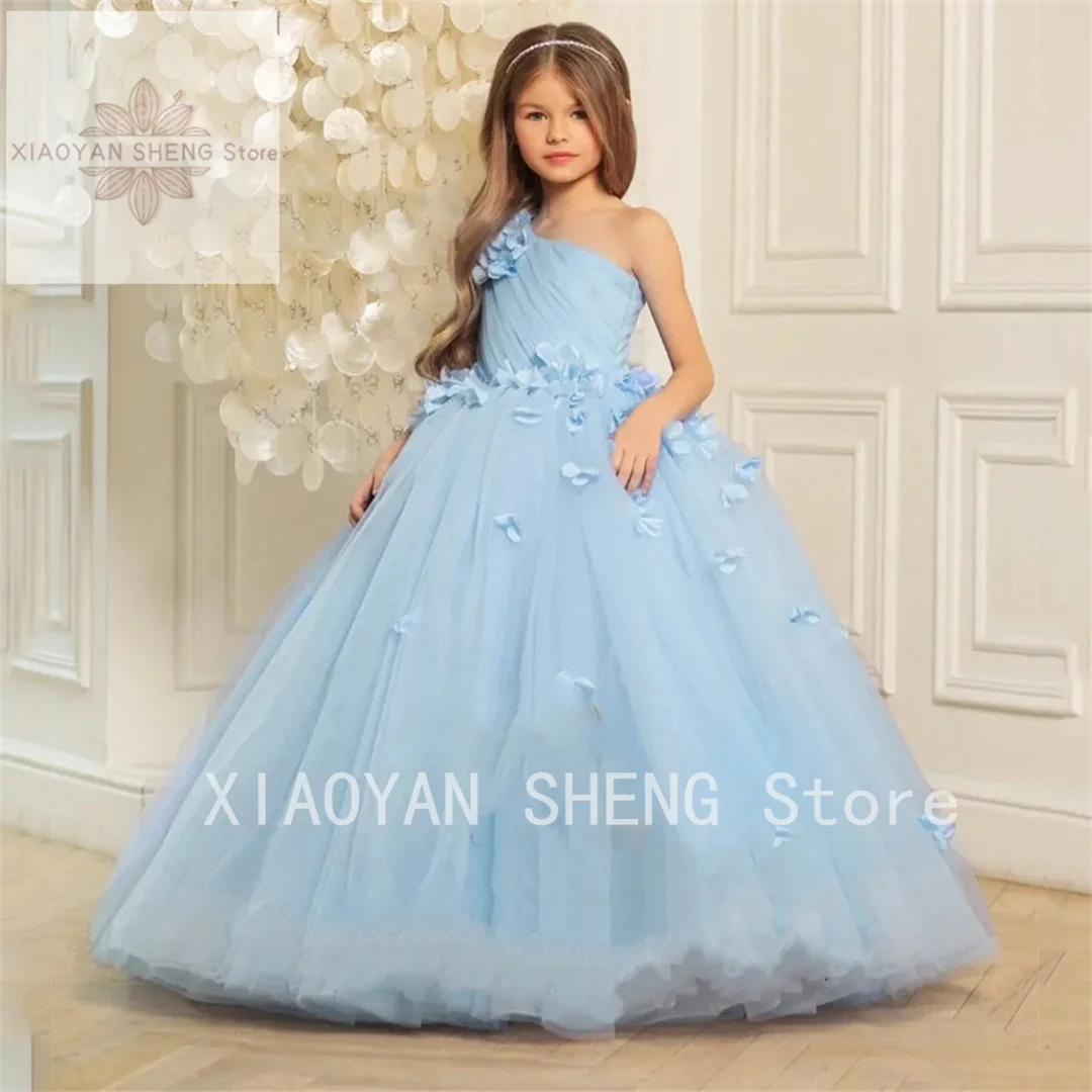 Flower Girl Dresses One Shoulder A Line Organza Winter Flower Sleeveless Christmas Gown with Pleat Princess Custom Formal Wear