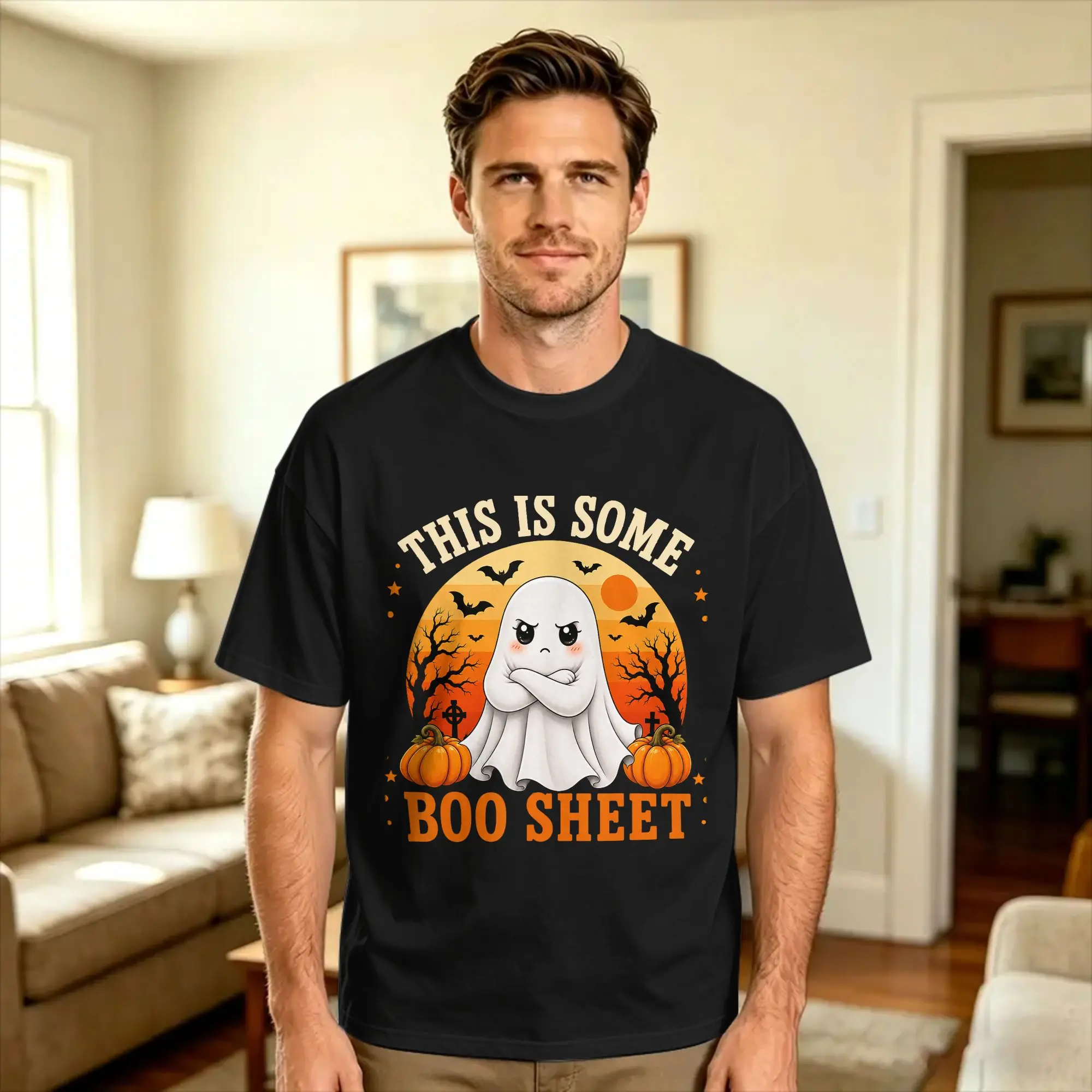 Halloween This is Some Boo Sheet Cute Ghost Pumpkin T Shirt Summer  100 Cotton T-Shirts For Mens Casual Tee Shirt Short-Sleeve