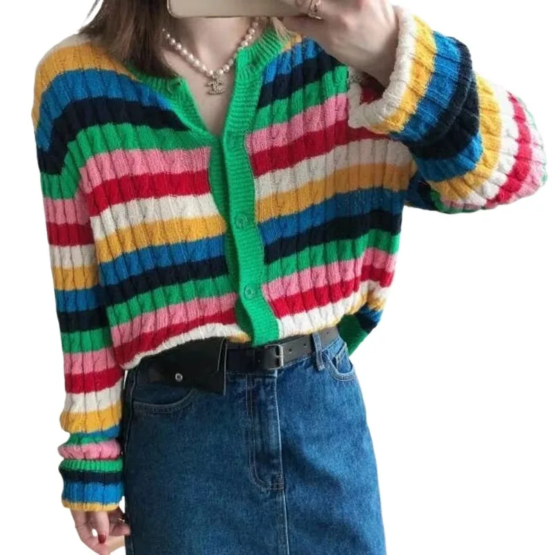 2024 New Women's Sweater Rainbow Striped Long Sleeve O-neck Cardigan Slim Fit Knitted Outcoat Fashion Trend Girl's Jumper Tops