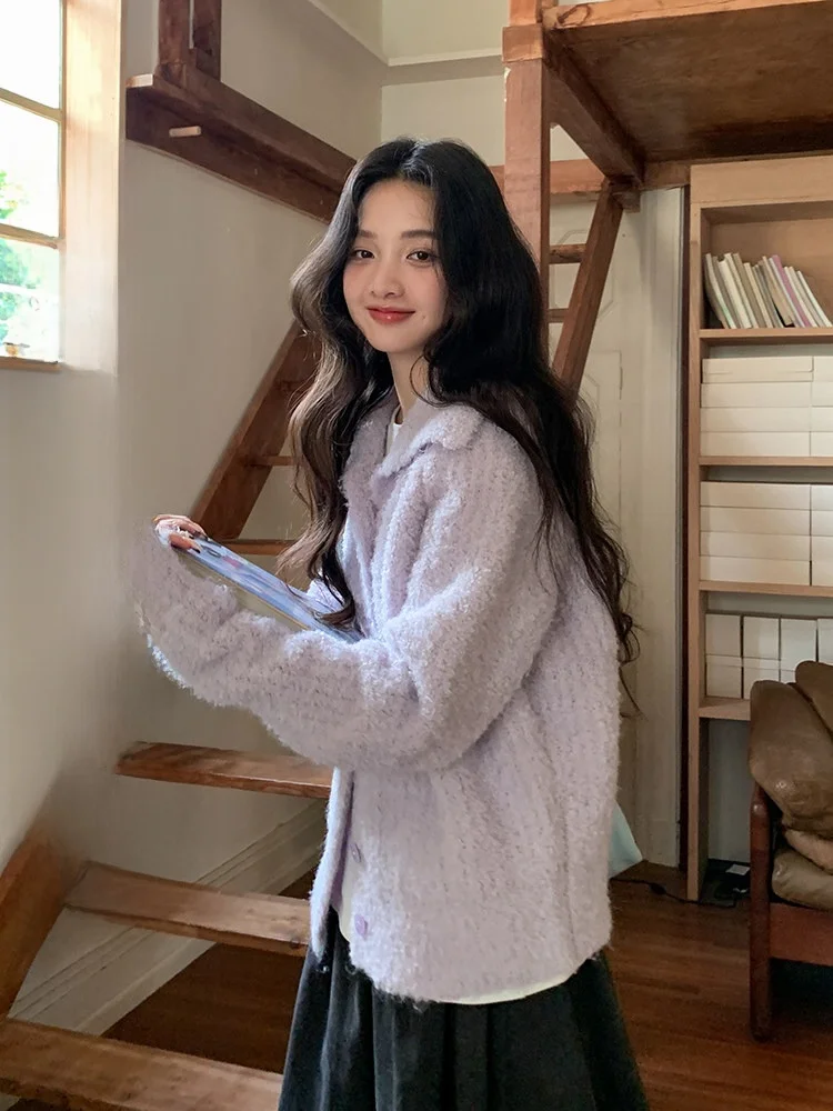 

Stunning Purple High Collar Knitted Sweater Coat Women's Spring 2026 New Korean Sle Lazy Faion Loose Fit Long Sve