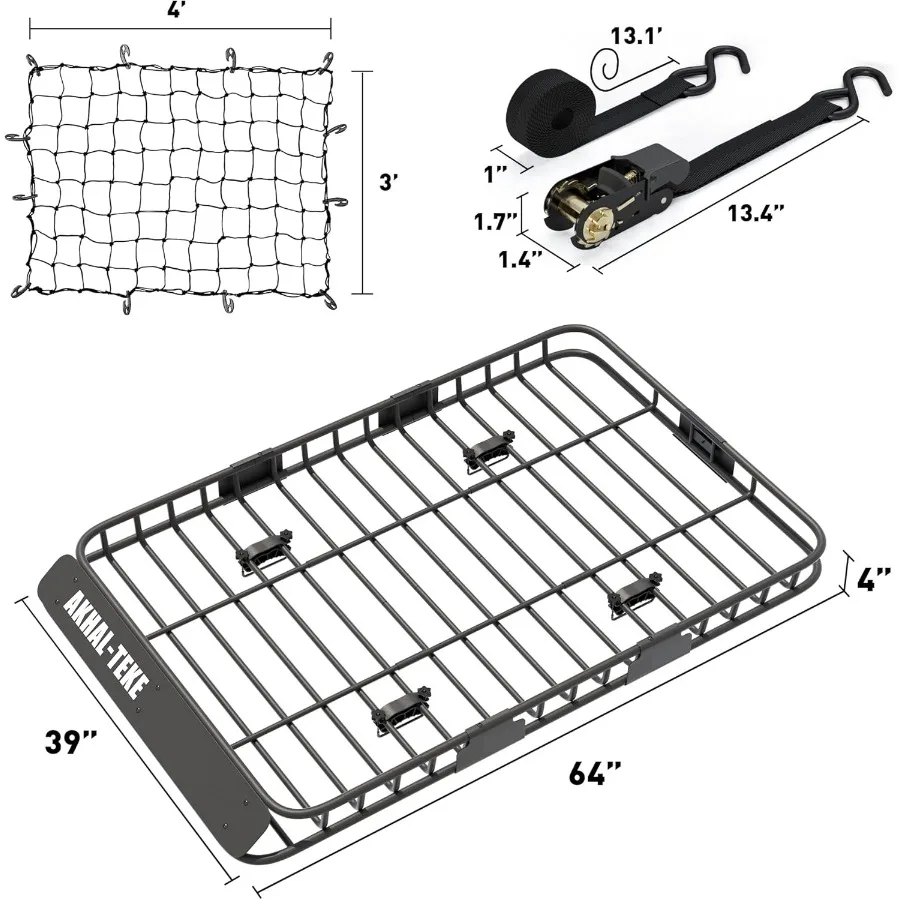 Panier de galerie de toit amélioré 64 x 39 x 4, porte-bagages avec filet de chargement élastique Super Duty de 3' x 4' et 2 sangles à cliquet