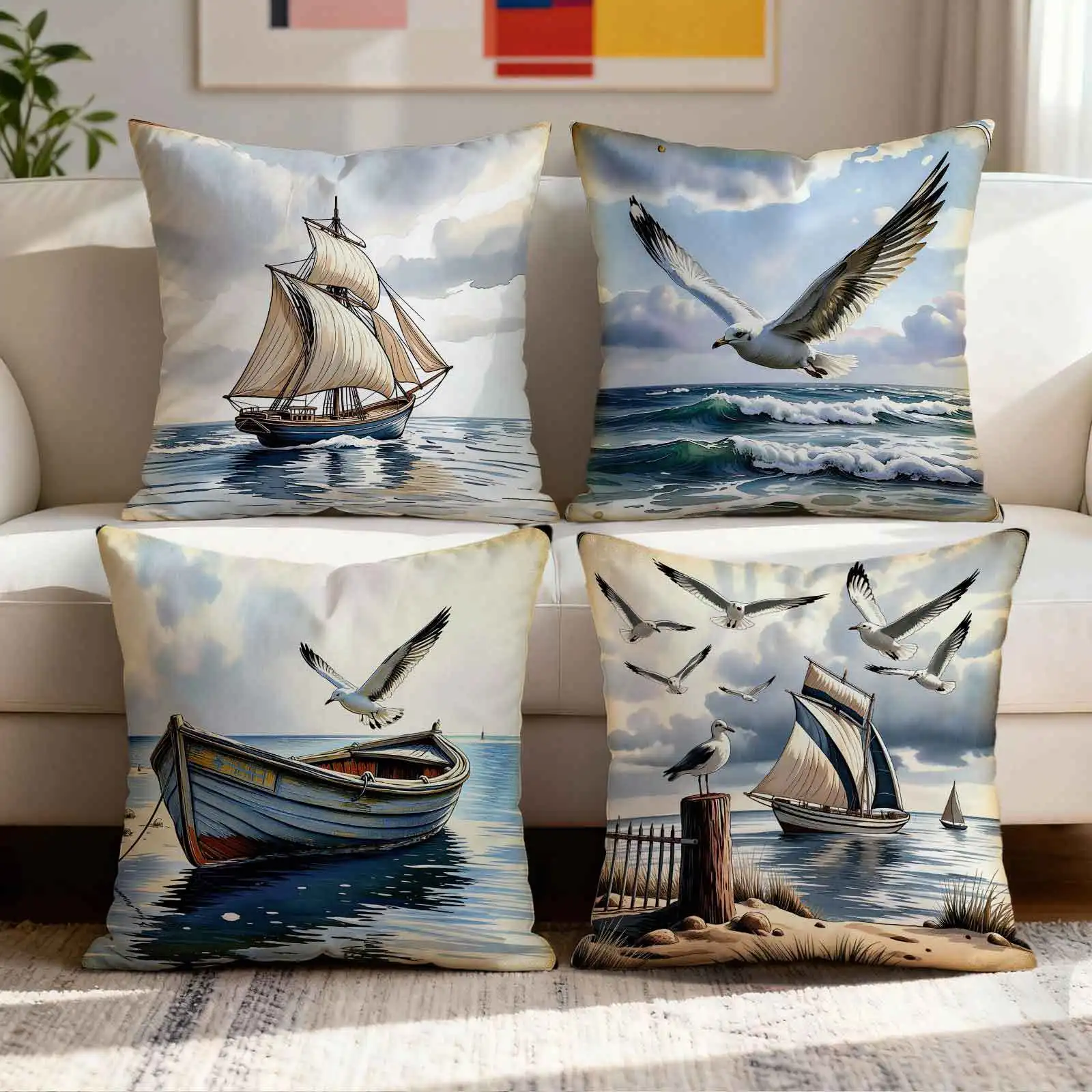 

Seagull Ocean Sailing Theme double-sided Printed pillow cover Short plush Suitable living bedrooms sofas throw cushion cover