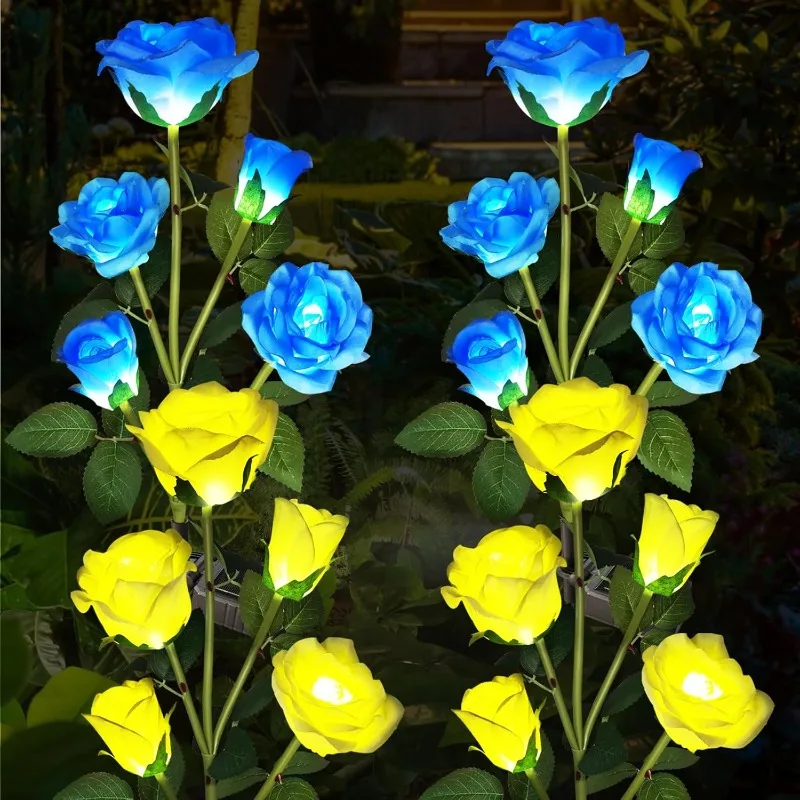 Solar 5 Heads Rose Flower Lights Outdoor Decorative Solar Garden Lights Lawn Lamp for Yard Patio Garden Decor