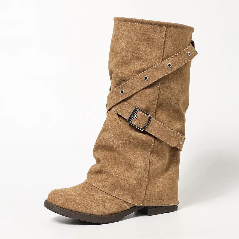 Fashion Brown Boots Women's Autumn Shoes For Woman 2026 New Trend Women's Boots Mid Calf Belt Buckle Platform Shoes Female Heels