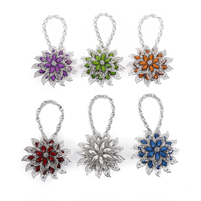 Colorful Curtain Buckle Flower Stretchable Spring Magnetic Curtain Clip Curtain Holder Rhinestone Creative Strap Flower Cortinas