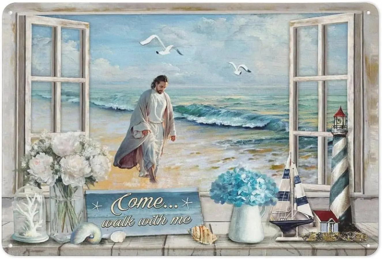 

FixeLLD Rustic Metal Tin Sign Walking With Jesus Wall Art Prints Wall Art Picture, On The Seashore, Beach, Come Walk With Me, Ch