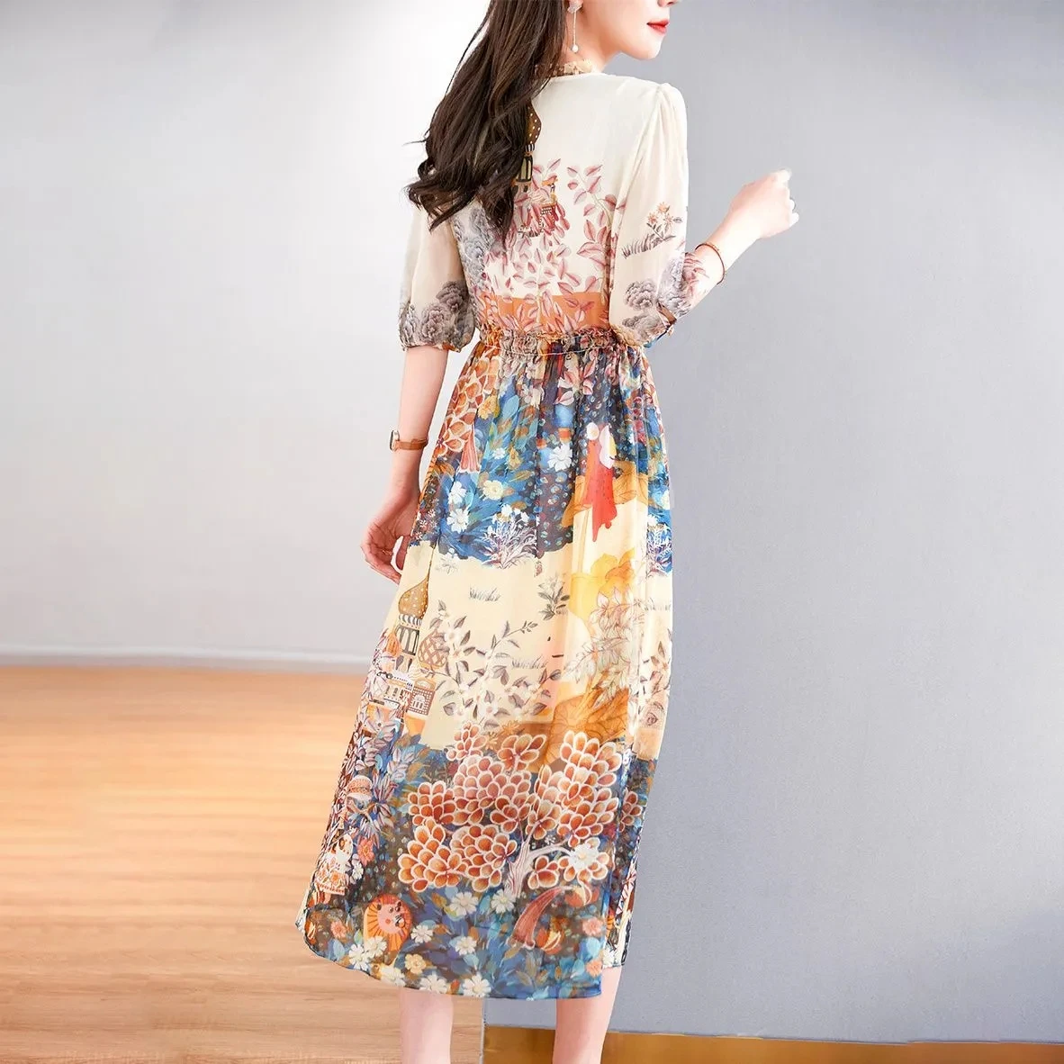 French Temperament National Wind Silk Print Dress 2024 Summer New Loose Slim Round Neck Five-point sleeve Mulberry Silks Skirt