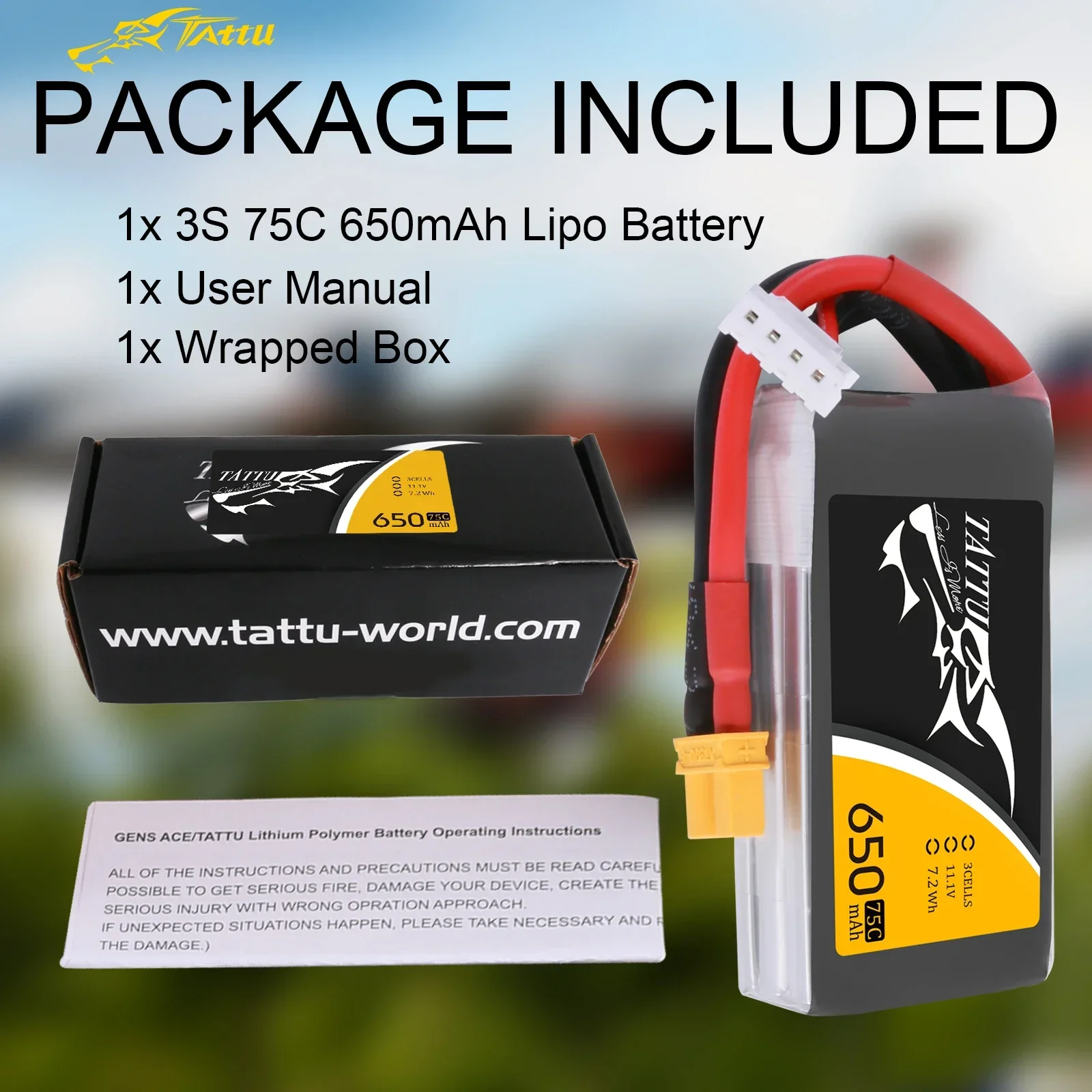 Tattu Lipo 650mAh Lipo 3S 75C Battery Pack 11.1V XT30 Plug Polymer Battery for Drone Helicopter FPV Quadcopter