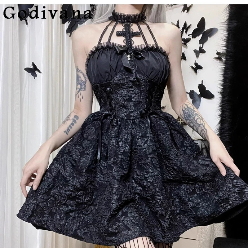 

Classic Black Lolita Dress Gothic Cosplay Women's Short Personality Dress Cool Girl Street High Waist A-line Sleeveless Dresses