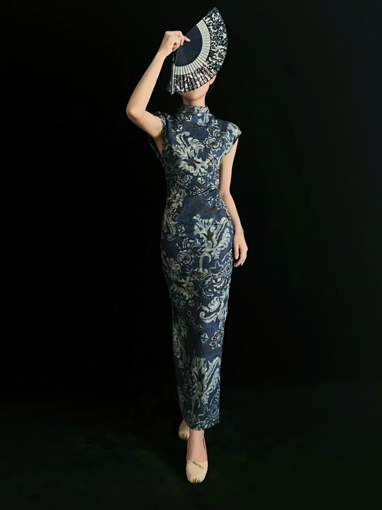 

Rou Lang Summer ort Sve Blue Porcelain Print Slim Fit Dr Ele Chinese Sle Повседневная одежда из искусственного шелка и льна