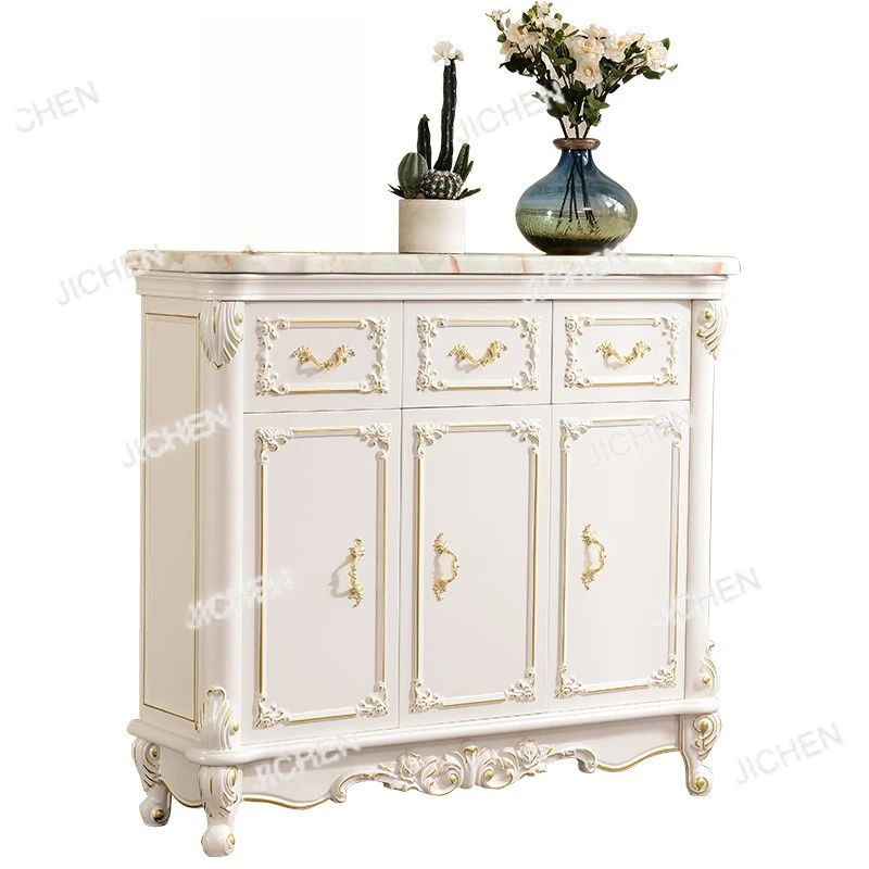 

European marble shoe cabinet solid wood carving flower white gold-painted locker double door three door storage cabinet high cab
