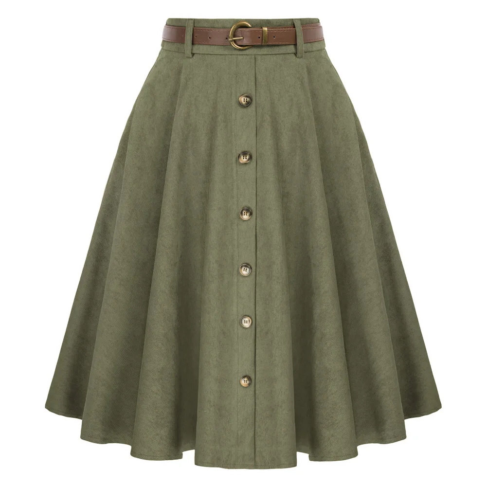 BP Women Corduroy Skirt With Belt Solid Color Fashion Elastic High Waist Mid-Calf Swing Skirt