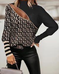 Sexy Women's Zipper Top, High Neck Elegant Top, Long Sleeve, Printed, Office Blusa Mujer Moda 2023 Top Mujer Blouse Women