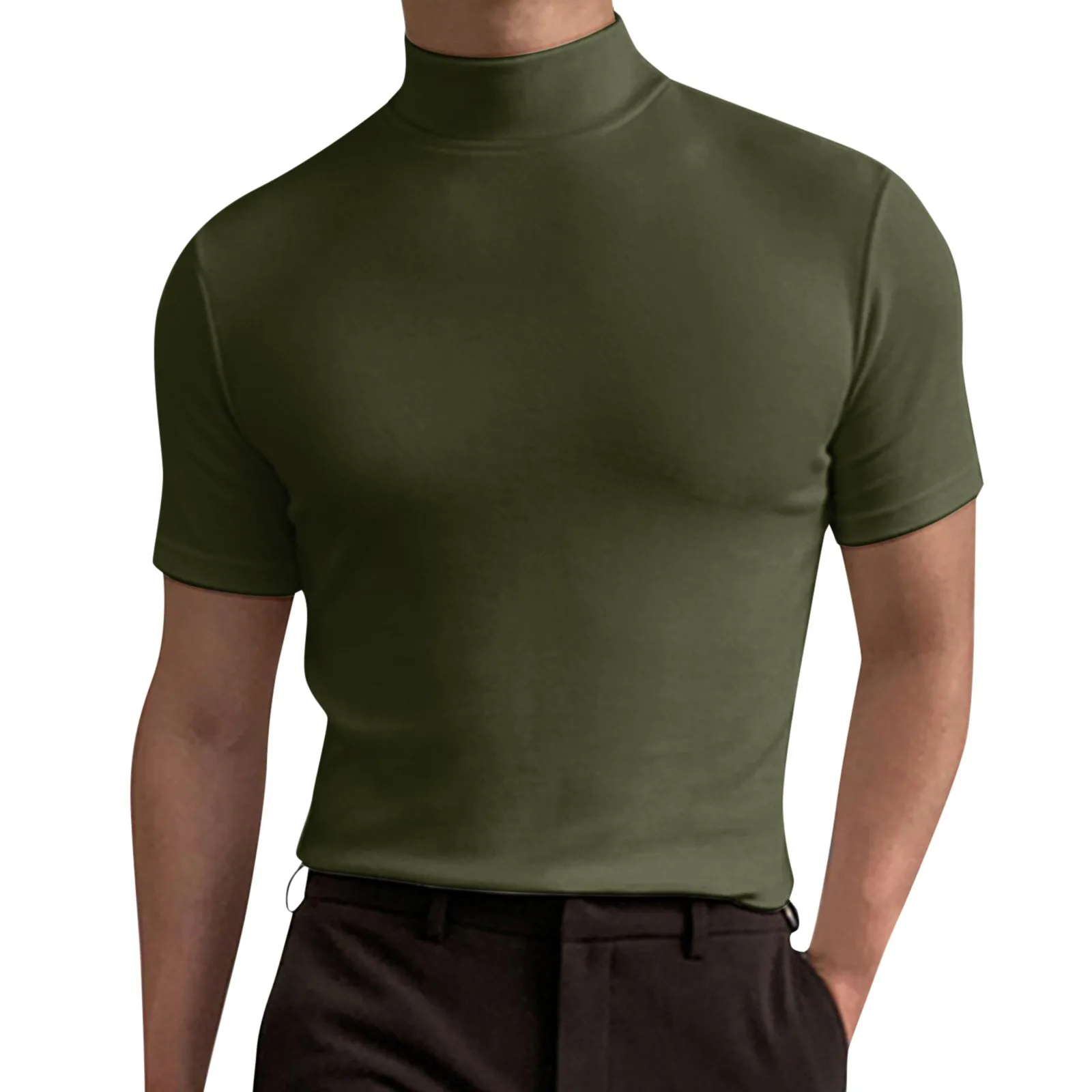 2024 Fashion Summer Man T-Shirts Basic Slim Fit Muscle Solid Color Turtleneck Short Sleeve Tee Tops Clothing T Shirt For Men