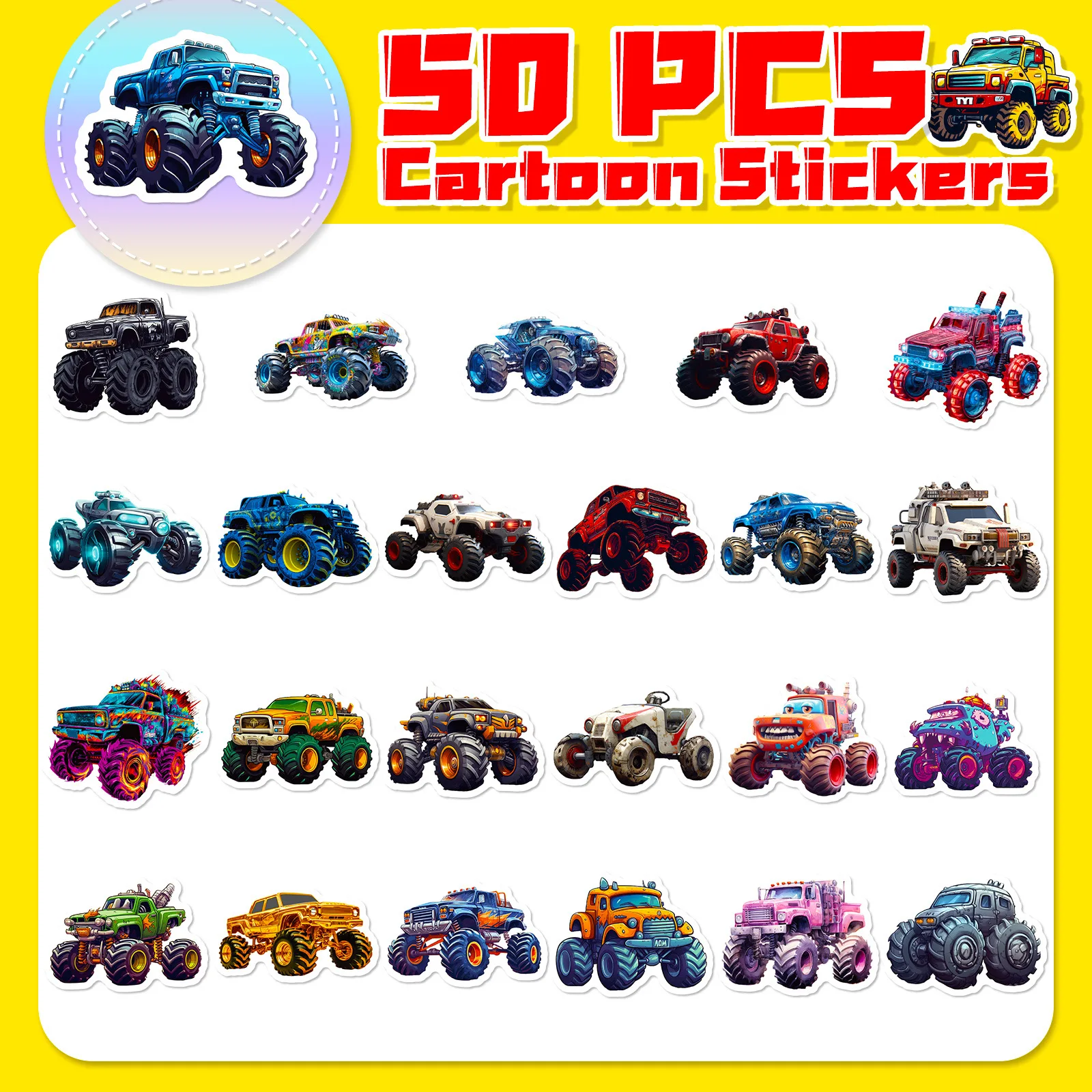 10/25/50pcs Cartoon Vehicle Monster Truck Stickers for DIY Scrapbook Stationery Water Bottle Phone Laptop Guitar
