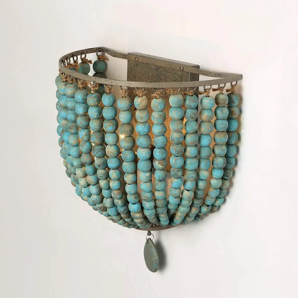 Bohemia Green Wooden Beads Wall Lamp Vintage Solid Wood Bead Wall Sconce Lighting For Living Room Bedroom Bedside Hallway