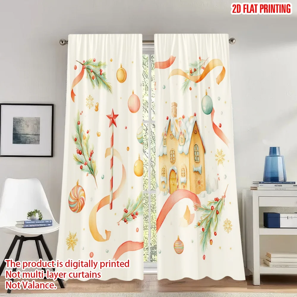 

2pcs 2D flat printing Christmas Party Curtains Christmas Scene Baubles Ribbon Pine Digital Printed Polyester Drapes Holiday