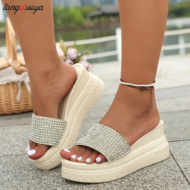 Rhinestone platform slippers chunky heels sandals women beach slippers women for summer slides women designer wedges Flip Flops AliExpress
