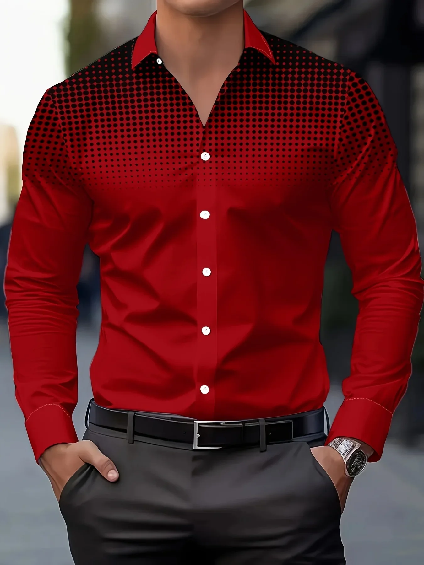 Men's Casual Long Sleeve Button-Up Shirt - Gradient Blue to Gray Print Polyester Machine Washable Classic Collar Comfort Fit