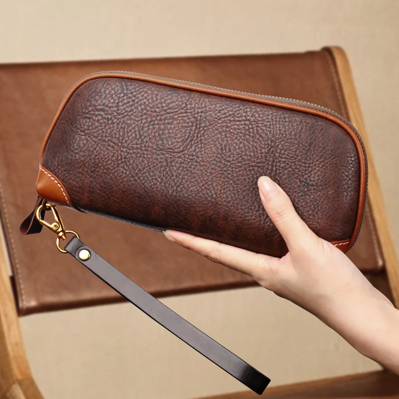 Luxury Genuine Leather Men Clutch Bag Handmade Real Cowhie Phone Card Holder Wallet Portable Organizer Male Handbag