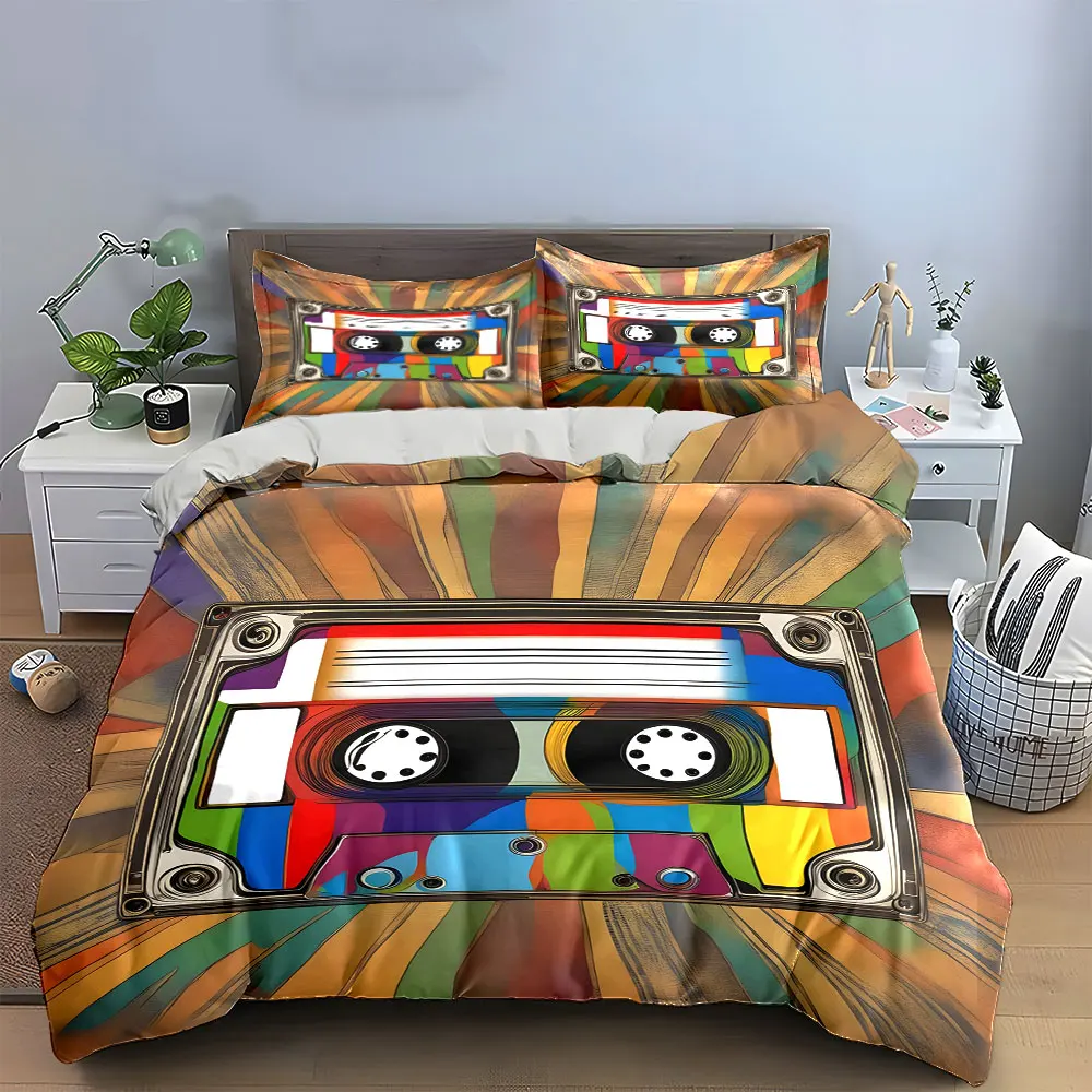 Retro Colorful Tape Decor Set Bedding Set with 1 Duvet Cover 2 Pillowcases Single Double King Queen, Gift