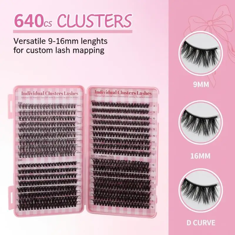 640 Pcs 30D+40D+50D Clusters Lashes Extension Kit, Length 9-16mm Natural Eyelashes Cat Eye DIY At Home